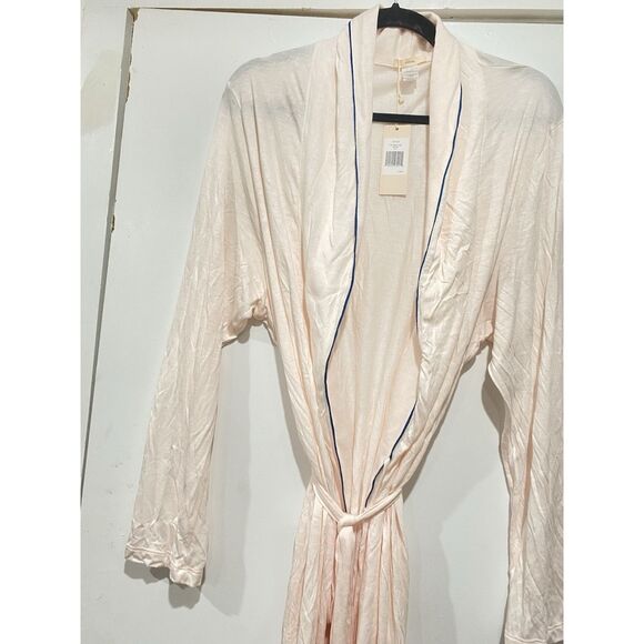 Eberjey Women's Gisele Tuxedo Robe Blush Pink Blue Trimming Long Sleeves Rayon - Picture 7 of 10